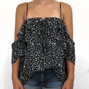a.n.a. Black White Floral Cold Shoulder Ruffle Blouse